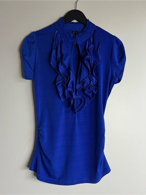 HeartSoul Royal Blue Ruffle Front Blouse Medium Puff Sleeve Career Office Top